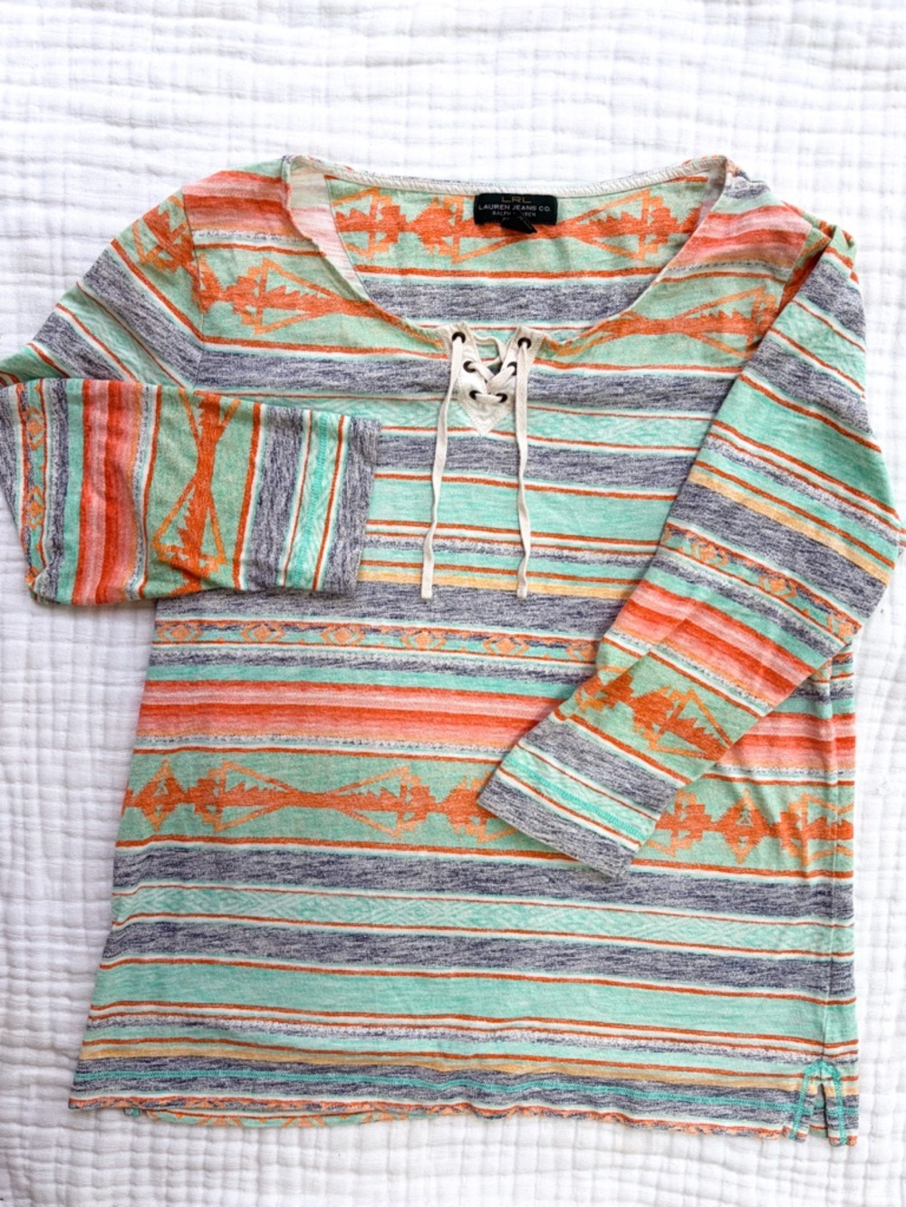 Lauren Ralph Lauren Aztec Stripe Lace Up Top Boho Western L
